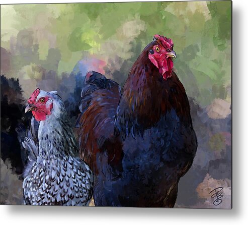 Agriculture Metal Print featuring the digital art A rooster and a hen by Debra Baldwin
