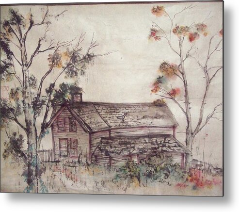 Building. Old House. Autumn. Trees. Metal Print featuring the painting Aged Wood by Debbi Saccomanno Chan