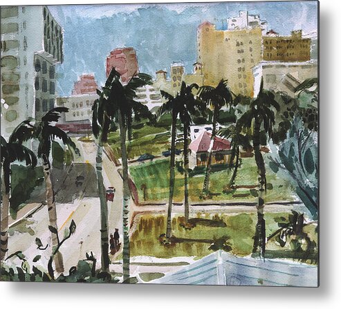 City Metal Print featuring the painting Along Flagler Drive by Thomas Tribby