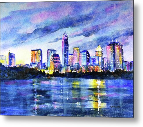 Austin Metal Print featuring the painting Austin Texas Colorful Skyline Sunset by Carlin Blahnik CarlinArtWatercolor