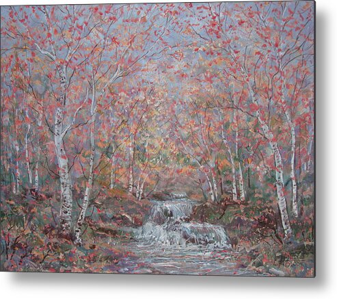 Landscape Metal Print featuring the painting Autumn Birch Trees. by Leonard Holland