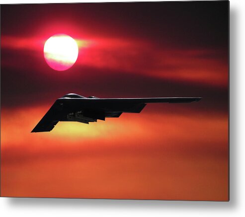 B-2 Stealth Bomber Metal Print featuring the mixed media B-2 Stealth Bomber in the Sunset by Erik Simonsen