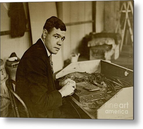 Babe Ruth Rolls Cigars 1919 Metal Print featuring the photograph Babe Ruth Rolls Cigars 1919 by Padre Art
