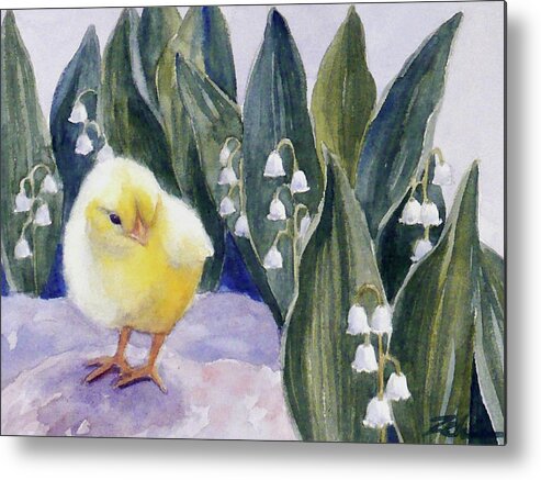 Baby Chick Metal Print featuring the painting Baby Chick and Lily of the Valley Flowers by Janet Zeh