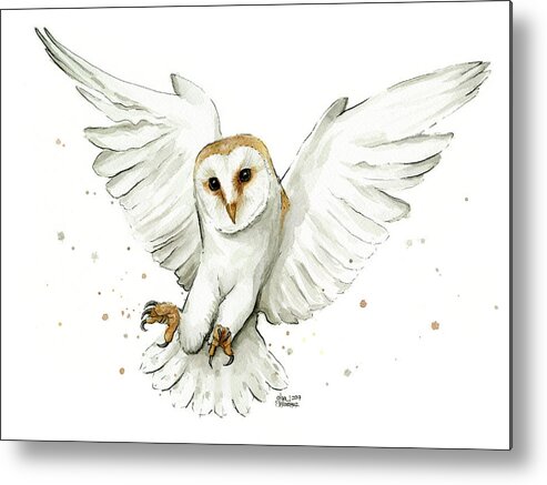 Owl Metal Print featuring the painting Barn Owl Flying Watercolor by Olga Shvartsur