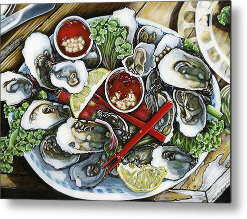 A Plate Of Oysters Still Life Metal Print featuring the painting Better by Leo Malboeuf