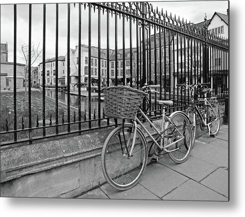 Bicycle Metal Print featuring the photograph Bicycles on Magdalene Bridge Cambridge in Black and White by Gill Billington
