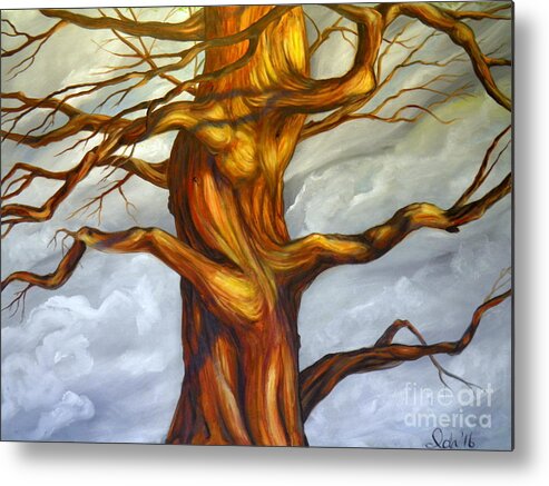 Tree Large Sky Clouds Twisted Branches Leaves Light Shadow Brown Sienna Ochre Violet Scarlet Yellow Blue Grey White Blue Metal Print featuring the painting Big Tree by Ida Eriksen
