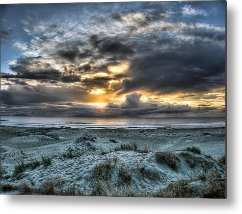 Sand Dunes Seascape Clouds Sunset Blue Dream Metal Print featuring the photograph Blue and Gold by Wendell Ward