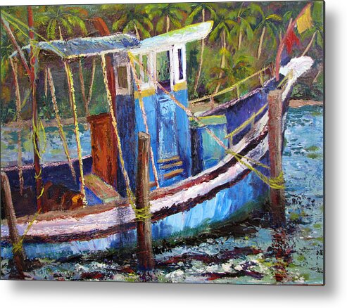 Fishing Metal Print featuring the painting Blue Fishing Boat by Art Nomad Sandra Hansen