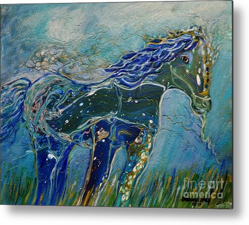 Acrylic Pour Metal Print featuring the painting Blue Horse by Deborah Nell