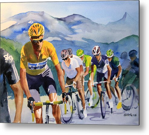 Le Tour De France Metal Print featuring the painting Brad Wiggins in Yellow by Shirley Peters
