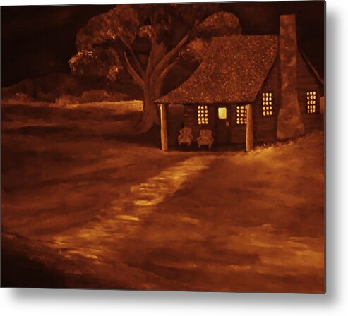 Cabin Metal Print featuring the painting Cabin at Night by Christy Saunders Church