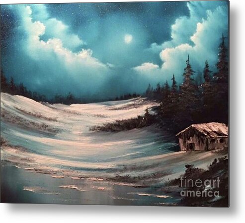 Cabin Snow Landscape Trees Sky Clouds Trees Lake Frozen Moon Metal Print featuring the painting Cabin in the woods by Justin Wozniak