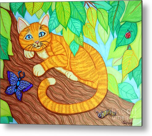 Cat Metal Print featuring the drawing Cat in a Tree by Nick Gustafson