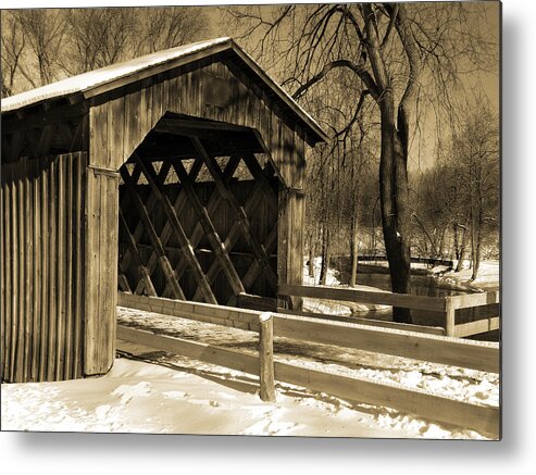 Covered Bridge Metal Print featuring the photograph Cedarburg Covered Bridge in Winter Sepia by David T Wilkinson