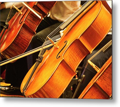 A Row Of Cellos At A Recent Suzuki Music Workshop In Madison Metal Print featuring the photograph Cellos by Steven Ralser