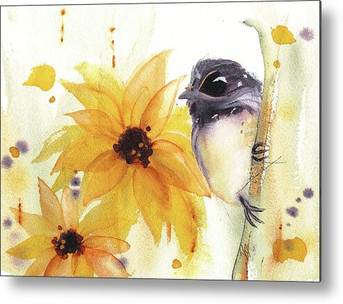 Watercolor Metal Print featuring the painting Chickadee and Sunflowers by Dawn Derman
