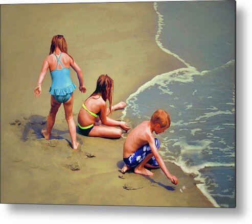 Childrens Shell Hunting At The Beach Metal Print featuring the photograph Childrens Shell Hunting At The Beach by Sandi OReilly