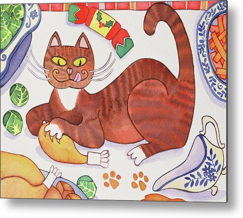 Cat Metal Print featuring the painting Christmas Cat and the Turkey by Cathy Baxter