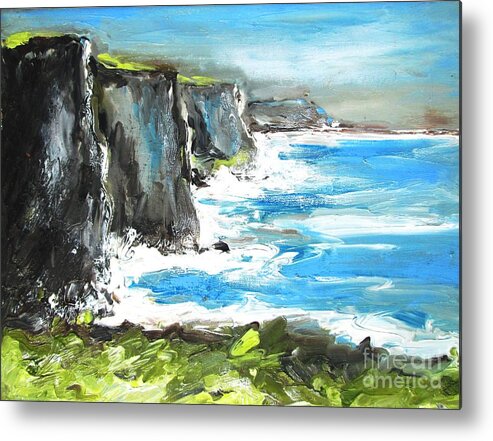 Cliffs Metal Print featuring the painting Painting of Cliffs of moher county clare ireland by Mary Cahalan Lee - aka PIXI