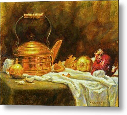 Copper Kettle Metal Print featuring the painting Copper And Onions by Dan Bulleit