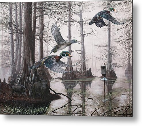 Duck Hunting Metal Print featuring the painting Cypress Bayou Neighbors by Glenn Pollard