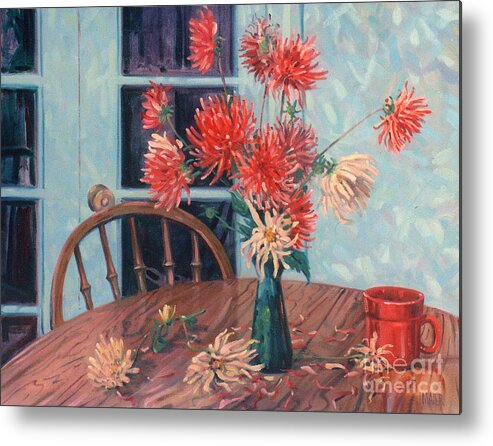 Still Life Metal Print featuring the painting Dahlias with Red Cup by Donald Maier