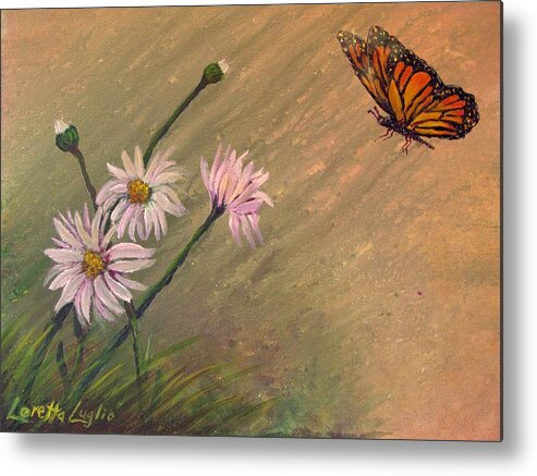 Watercolor Metal Print featuring the painting Daisies and Butterfly by Loretta Luglio