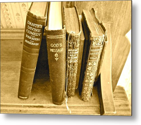 Photograph Of Old Books Metal Print featuring the photograph Dante God and Shakespeare ... by Gwyn Newcombe
