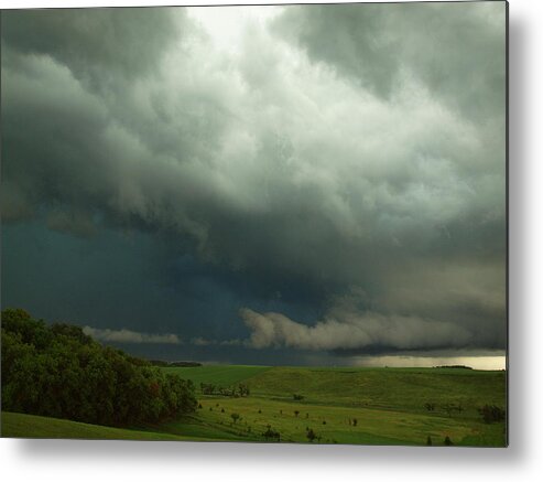 Melissa Peterson Brown Family Farm Farms Cloud Clouds Storm Stormy Dark Blue Blues Weather Ominous Severe Countryside Green Lush Landscape Landscapes Nature Picturesque Mn Minnesota Us Metal Print featuring the photograph Dark Countryside by Melissa Peterson