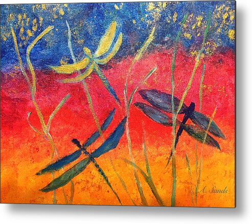 Blue Dragonfly Metal Print featuring the painting Dragonfly Fantasy Flight by Anne Sands