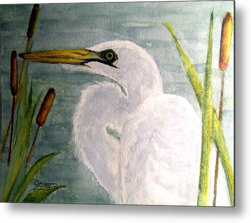 Egret Metal Print featuring the painting Egret in the Cattails by Carol Grimes