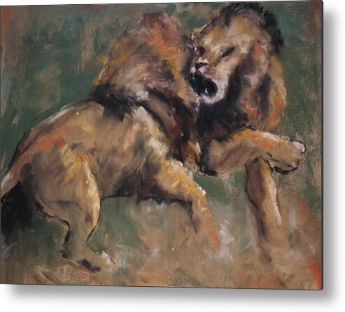 Lions Metal Print featuring the pastel 'Establishing Position' by Jim Fronapfel