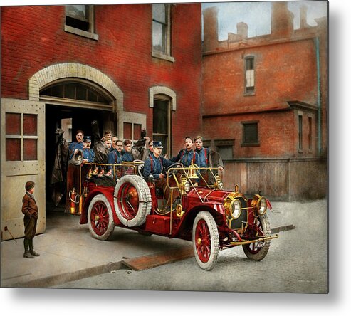 Firefighter Art Metal Print featuring the photograph Fire Truck - The flying squadron 1911 by Mike Savad