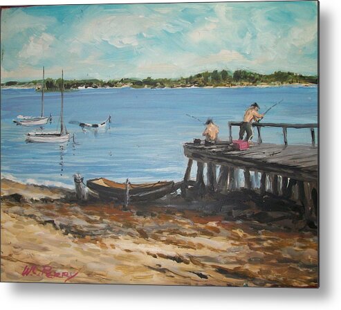 Coastal Scene Metal Print featuring the painting Fishing off the docks at Point Judith R.I. by Perry's Fine Art