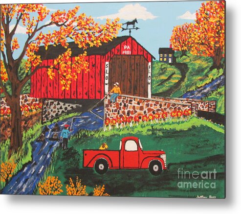 Country Art Metal Print featuring the painting Fishing Under The Covered Bridge by Jeffrey Koss