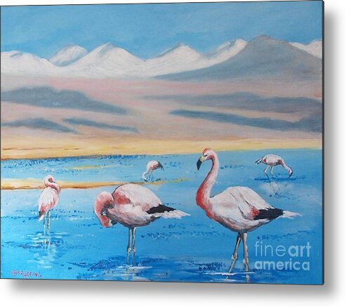 Flamingos Metal Print featuring the painting Flamingos by Jean Pierre Bergoeing