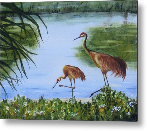 Crane Metal Print featuring the painting Florida Sand Cranes by Joseph Burger