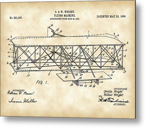 Patent Metal Print featuring the digital art Flying Machine Patent 1903 - Vintage by Stephen Younts