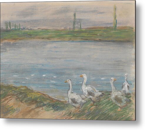 19th Century Art Metal Print featuring the pastel Four Geese By a Pond by Alfred Sisley
