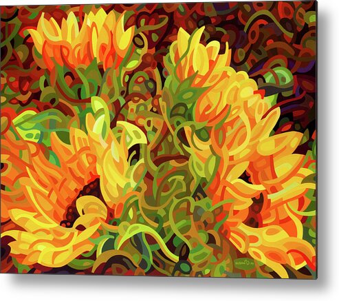 Fine Art Metal Print featuring the painting Four Sunflowers by Mandy Budan