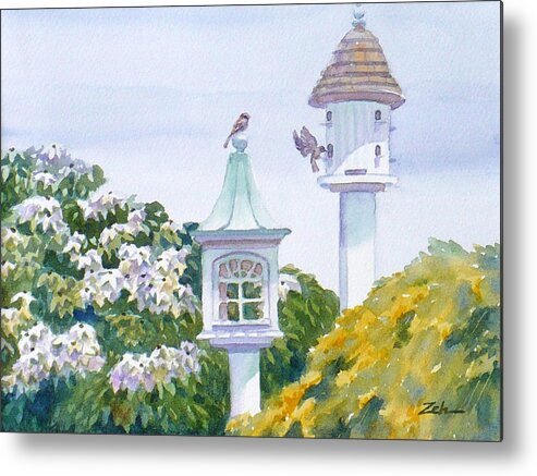 Bird Painting Metal Print featuring the painting Garden Birdhouses by Janet Zeh