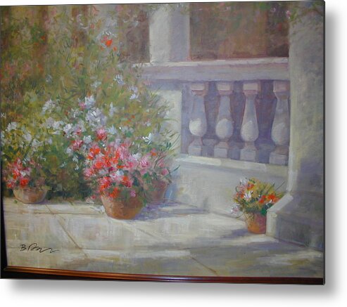 Flowers In Garden With Columns Metal Print featuring the painting Garden flowers by Bart DeCeglie