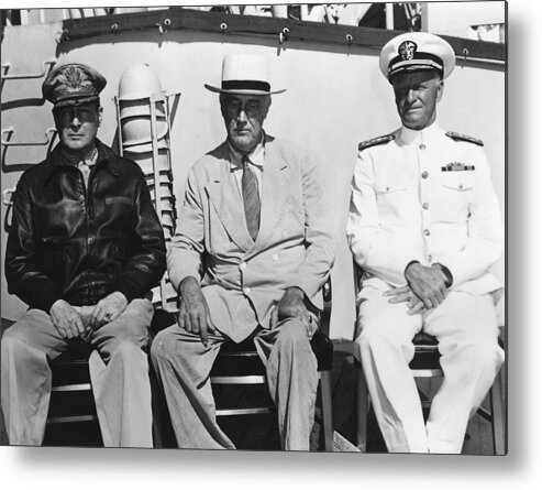 World War 2 Metal Print featuring the photograph General MacArthur - President Roosevelt - Admiral Nimitz - 1944 by War Is Hell Store