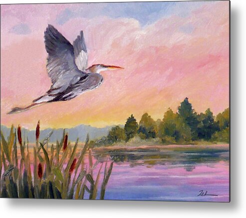 Sunset Metal Print featuring the painting Great Blue Heron at Dawn by Janet Zeh