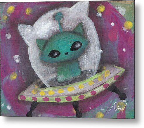 Mid Century Modern Metal Print featuring the painting Green Alien Cat by Abril Andrade
