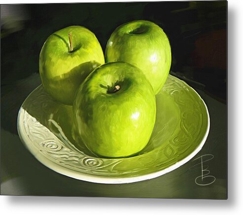 Apple Metal Print featuring the digital art Green apples in a white bowl by Debra Baldwin