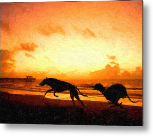 Greyhound Metal Print featuring the painting Greyhounds on beach by Michael Tompsett