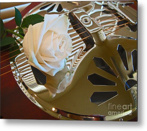 Wall Art Metal Print featuring the photograph Guitar and Rose 1 by Kelly Holm